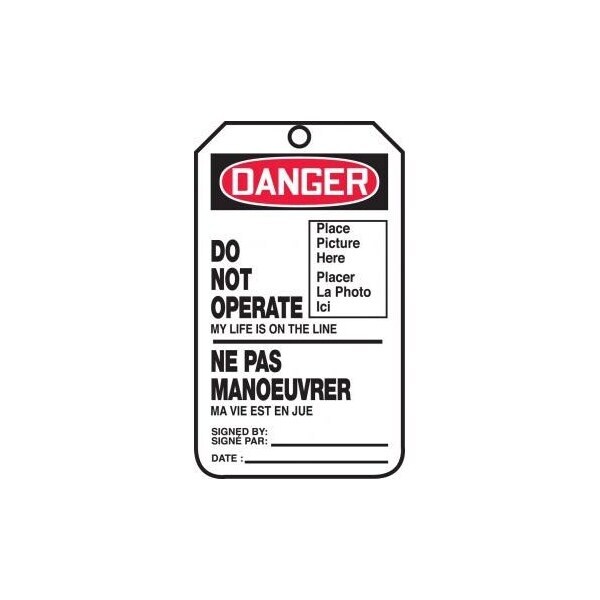 Accuform French Bilingual Safety Tags, DANGER DO NOT OPERATE MY LIFE IS ON THE LINE, 5.75in x 3.25in, 25PK TCF178CTP - main